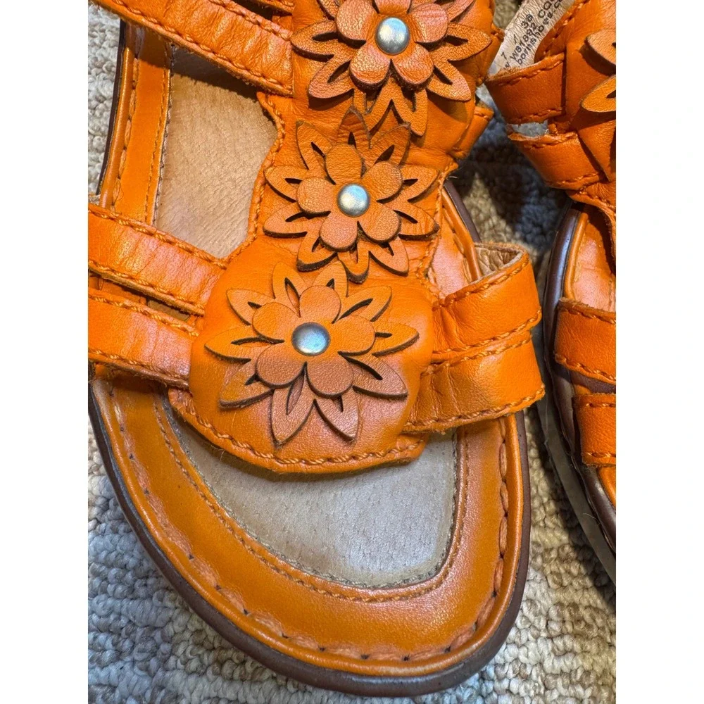 Born Orange Leather Flower‎ Wedge Sandals Women US Size 7 EU 38
